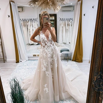 Elegantiškas A-Line Wedding Suknelė 2021 V-Kaklo, Nėriniai Appliques Backless Tiulio Valymo Traukinio Santuokos, Nuotaka, Suknelė Vestidos De Noiva