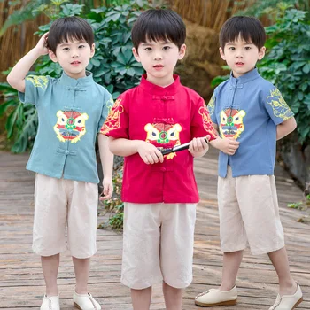 Vaikai Naujas Kinų Stiliaus Tradicinių Senovės Hanfu Berniukai Puikus Dviejų dalių Ziajać Rinkiniai Trumpas Rankovės Vaidmuo Žaisti Derliaus Mygtuką Kostiumas