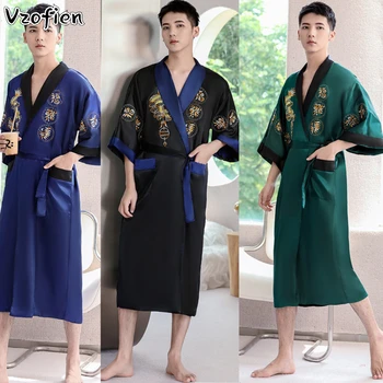 Vyrų Satino Sleepwear Vyrų Naktiniai Drabužiai Chalatas Kimono Suknelė Kinų Stiliaus Kimono Yukata Siuvinėjimo Dragon Skraiste Kasdien Atsitiktinis