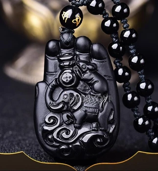 Naujas Natūralus Juodasis Obsidianas Rankų Darbas Raižyti 2019 Kinų Zodiako Amuletas Dramblys Žiurkės Pasisekė Pakabukas + Nemokamas Karoliukai, Karoliai, Papuošalai