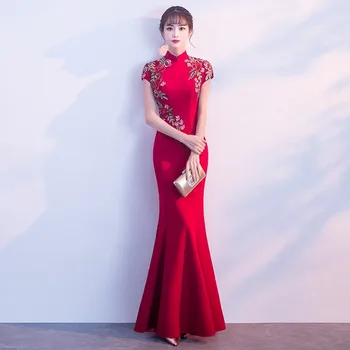 2020 Mados Nuotaka Undinė Kinijos Vakarinę Suknelę Raudonos Spalvos Siuvinėjimo Vestuvių Qipao Tradicinių Cheongsam Retro Ilgos Suknelės Kinija