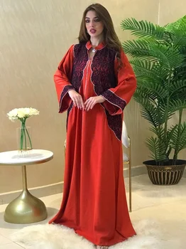 Musulmonų Moterys Suknelė Vasaros 2022 Nėrinių Kratinys Stovėti Apykakle Ilgomis Rankovėmis Laisvas Arabų Omanas Maroko Caftan Islamo Drabužiai