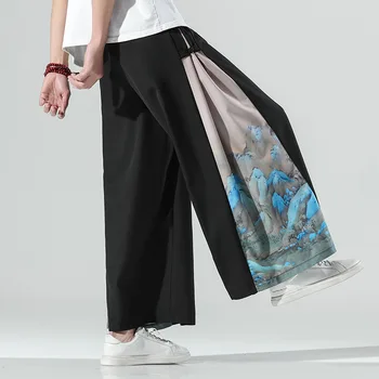 Vyrų Plius Dydis Japonų Stiliaus Drabužius, Vintage Spausdinti Pločio Kojų Kelnės Šiuolaikinės Haori Atsitiktinis Laisvas Kelnes Japonijos Mados Streetwear