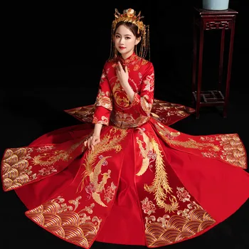 Kinijos Tradiciniai Moterų, Vestuvių Suknelė, Kalnų Krištolas Siuvinėjimo Ilgai Cheongsam Stilingas, Elegantiškas Nuotaka Jaunikis Raudona Suknelė