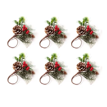 Servetėlių Žiedai Rinkinys 6 Pušų Spyglių Uogos Kalėdų Kaimiškas Troba Servetėlių Žiedai Laikikliai