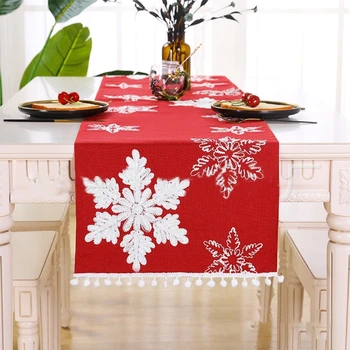 Išsiuvinėti Kalėdos Temą Stalo Runner su Baltos Snaigės, Raudona staltiesė Stalo Skalbiniai Kalėdų Dekoracijos B03E