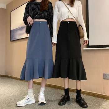 2021 naujus moteriškus paaukštintu liemeniu plonas viduryje ilgis-line sijonas susiėmę klubo sijonas juodas slidinėti sijonas