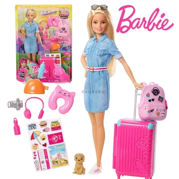 Originalias Barbie FWV25 Pop Keliauti su Šuneliu Lagaminą Playset Mergina Žaislai Toksino su Juokingas Priedai Kelis Lipdukus Mergina Dovanos