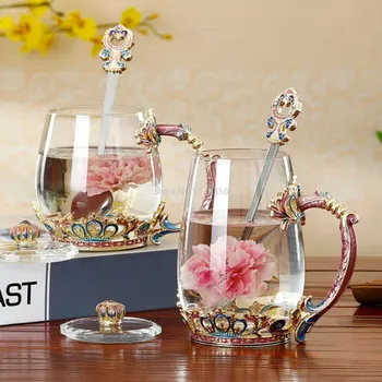 Nauja Emalio Krištolo Stiklo Puodelis su Šaukšteliu Buitinės Aukšto Atsparumo temperatūros Drinkware Gėlių, Arbatos, Kavos Puodelio Dovana patys puodeliai