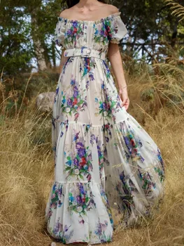 Moterų Suknelės Off Peties Viena-Line Kaklo Elegantiškas Retro Gėlių Mados Spausdinti Žibintų Rankovėmis Vasarą Ilga Suknelė