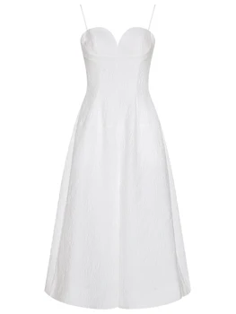 YIGELILA Mados Moterų Balti Spagečiai Dirželis Suknelė Elegantiškas Brangioji Kaklo Šalis Suknelė Imperijos Plonas Kietas Suknelė Vidutinio ilgio 67471