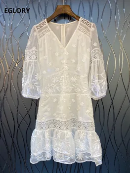 Prabanga Siuvinėjimo Suknelė 2021 M. Vasarą Šalies Moterų V-Kaklo, Tuščiaviduriai Iš Nėrinių Kratinys 3/4 Rankovėmis Slim Fit-Line Balta Mėlyna Suknelė XL