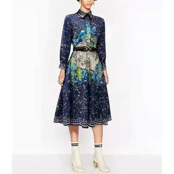Moterų Suknelė Aukštos Kokybės 2022 kilimo ir tūpimo Tako Pasukite Žemyn Apykaklės ilgomis Rankovėmis Spausdinti Atsitiktinis Marškinėliai, Suknelės, Vestidos NP1814N