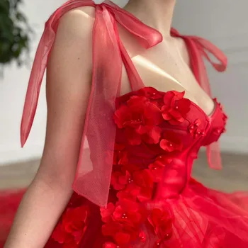 Gana Raudonos Žiedų-line Tiulio Prom Chalatai 3D Gėlė Ilgai Oficialų Šalis Suknelės Moterims Lankas Ant Peties Korsetas, Viršuje Tiulis Skraiste