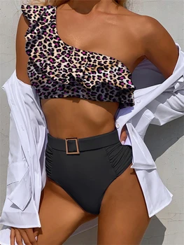 Bikini Moterims Maudymosi Kostiumėlį 2023 Naujas Leopard Pynimas Bikini Nustatyti Vieną Petį Aukšto Juosmens Vasaros Maudymosi Kostiumėliai, Paplūdimio Dėvėti Maudymosi Kostiumą, Moteris