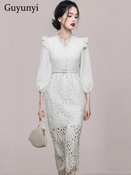 Balta Vintage Suknelė 2022 M. Rudenį Paprastas V-Kaklo Sluoksniuotos Rankovėmis Aukštos Juosmens Liniją Su Diržo Tuščiaviduriai Iš Nėrinių Hem Elegantiškas Šalis Suknelė