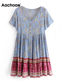 Aachoae Moterų Vintage V Kaklo Vasaros Suknelė 2022 Gėlių Spausdinti Trumpas Rankovės Prarasti Atsitiktinis Suknelė Ponios Linijos, Klostuotas Mini Suknelės