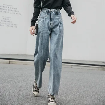 Plačios Tiesios Kojos Džinsai Moteris Aukštos Juosmens Moterų Baggy Jeans Blue Medvilnės Džinsinio audinio Kelnės Mados Atrodo Plonas Kelnių Streetwear