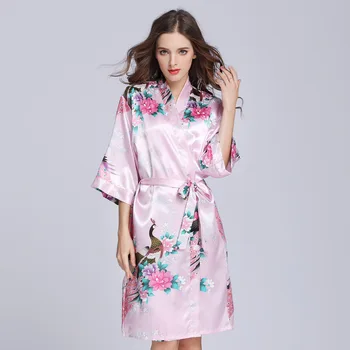 Moterų Kimono Skraiste Suknelė Seksualus V-Kaklo, Chalatas Elegantiškas Gėlių Spausdinti naktiniai drabužiai Dirbtiniais Šilko Namų Drabužių Atsitiktinis Sleepwear S-XL