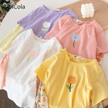 Merginos vasarą apsaugos nuo saulės drabužius netikrą dviejų dalių viršūnes plonas skirsnio susiuvimo vasaros vaikų prarasti ilgomis rankovėmis marškinėliai