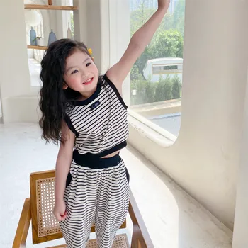 Vaikų Dryžuotas Kostiumas Rankovių 2022 M. Vasarą Naujų korėjos Stiliaus Kūdikių Trumpas Top 5 Kelnės Mergaitėms Dviejų dalių Suknelė
