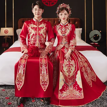 Spalvingas Aukso Raudona Satino XiuHe Kostiumas Tradicinės Kinų Stiliaus Moterų Vestuvinė Suknelė Duobute Kalnų Krištolas Ilgomis Rankovėmis Komplektas Nuotaka