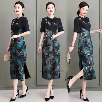 2022 kinų suknelė vintage gėlių spausdinti cheongsam moterų ao dai nėrinių qipao kinų suknelė qipao šalies derliaus elegantiškas šalis suknelė