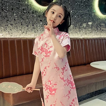Vasaros Suknelės Stilių Kinijos Slyvų Siuvinėjimo Cheongsams Mergaitėms Tradicinės Kinų Suknelė Vaikams Kostiumas Šalis Drabužiai