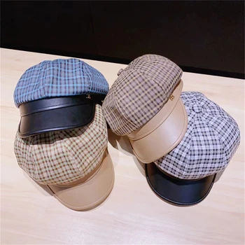 Retro houndstooth aštuoniakampis skrybėlę ponios rudenį ir žiemą odos susiuvimo korėjiečių leidimas banga sudūrimo beretė newsboy skrybėlę WS-2821