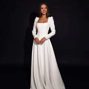 Elegantiškas Vestuvių Suknelė Ilgomis Rankovėmis Kvadratinių Kaklo Paprastas Vestuvių Suknelė 2022 Balta Linija Diržo Maxi Nuotakos Suknelės Pagal Užsakymą Pagaminti Skraiste
