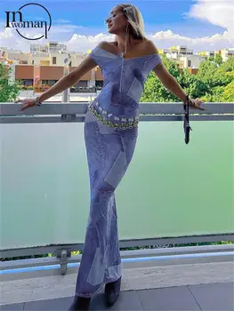 Inwoman Vasaros Seksualus Bodycon Maxi Suknelės Moterims 2022 Rankovių Backless Print Dress Blue Grafika Šalies Midi Suknelė Moteris