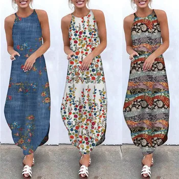 SAGACEWomen apskritojo kaklo etninis stilius, spausdinta medvilnės, kanapių didelio dydžio berankovis suknelė 2021 m. vasarą naujas sijonas moterų suknelė,