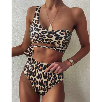 Maudymosi kostiumėlis Moterims Bikini 2021 Moterų maudymosi kostiumėlį, Seksualus Vieną Petį Push Up Leopard Aukštos Juosmens, maudymosi Kostiumėliai, Maudymosi Kostiumą, Bikini Komplektas