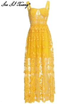 Seasixiang Mados Dizaineris Vasaros Tinklelio Suknelė Moterims Spageti Dirželis Backless Gėlių Siuvinėjimas Aukšto Juosmens Šalies Ilgos Suknelės