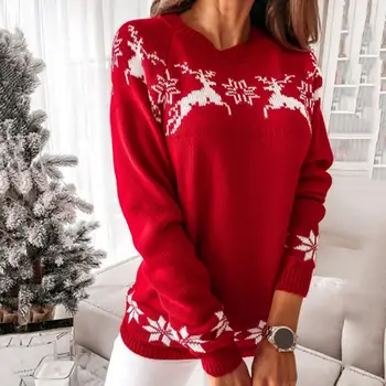megztiniai ilgomis Rankovėmis Megzti Kalėdų Top Rudens-Žiemos Briedžių Snaigės Spausdinti Megztinis Megztinis žiemos drabužių moterims Streetwear