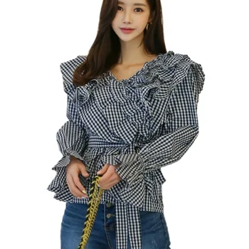 Pavasarį Moterys Raukiniai Palaidinės Korėjos Mados Ruffles Marškinėliai Moterims Pledas Palaidinės, Topai Mujer