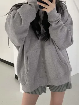 Moterų Hoodies Harajuku Korėjos Versija, Laisvi Megztiniai Derliaus Vientisos Spalvos Ilgomis Rankovėmis Su Gobtuvu Palaidinukė Su Užtrauktuku, Paltai