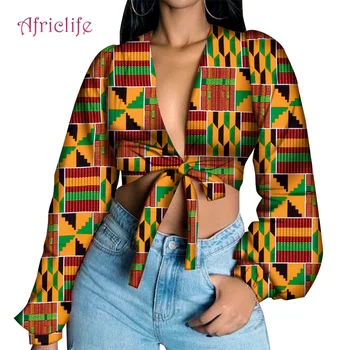 Afrikos Trumpas Viršų Seksualus Gril Marškinėliai ilgomis Rankovėmis BowTied Vaškas Spausdinti Medvilnės Moterų Lady Drabužių WY6457