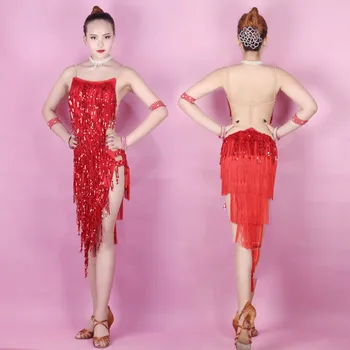 Raudona Blizgučiai lotynų Šokių Suknelės Moterims High-end Užsakymą Seksualus Salsa Pakraštyje Sijonas Moterų Salė, Konkurencijos Suknelė